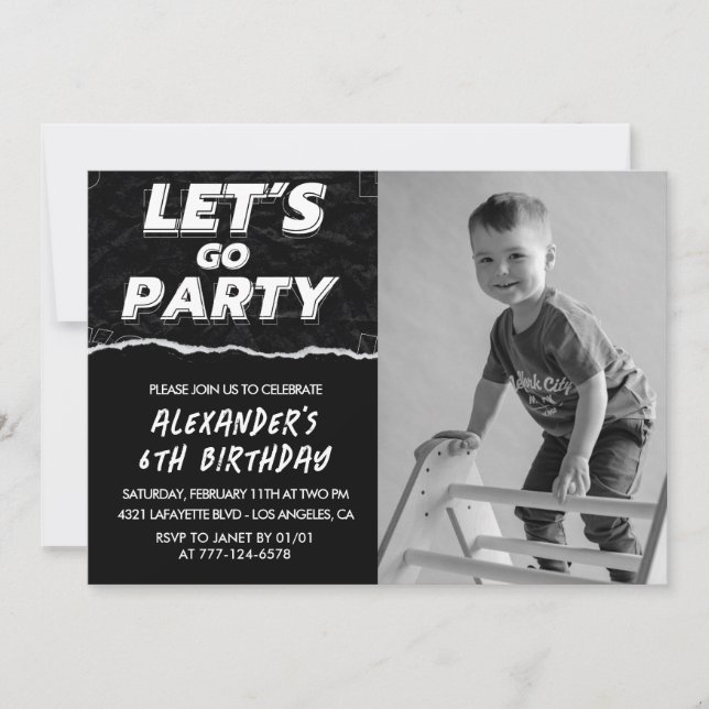 Invitaciones de cumpleaños número 6 negras Niño Fo (Anverso)