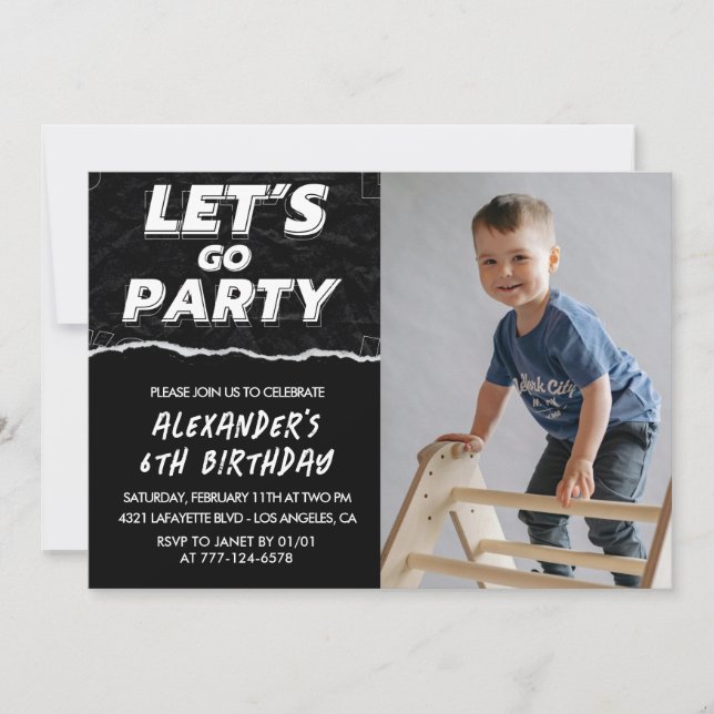 Invitaciones de cumpleaños número 6 negras Niño Fo (Anverso)