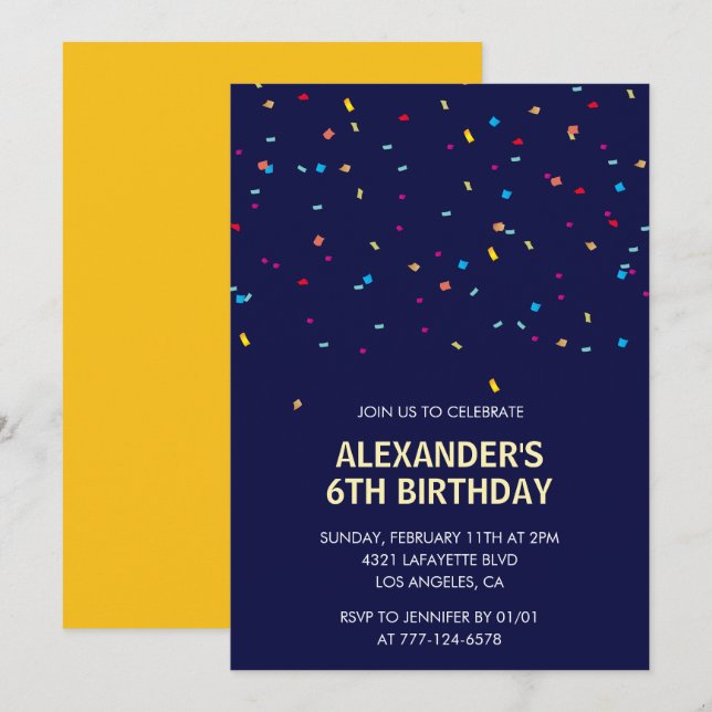 invitaciones de cumpleaños número 6 Niño Confeti M (Anverso / Reverso)