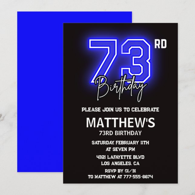 Invitaciones de cumpleaños número 73 Neon Black Ho (Anverso / Reverso)