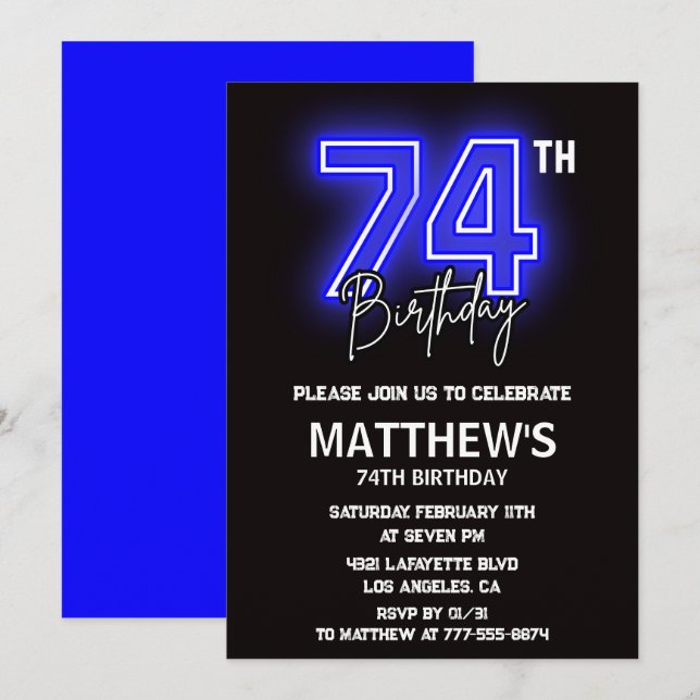 invitaciones de cumpleaños número 74 Neon Black Ho (Anverso / Reverso)
