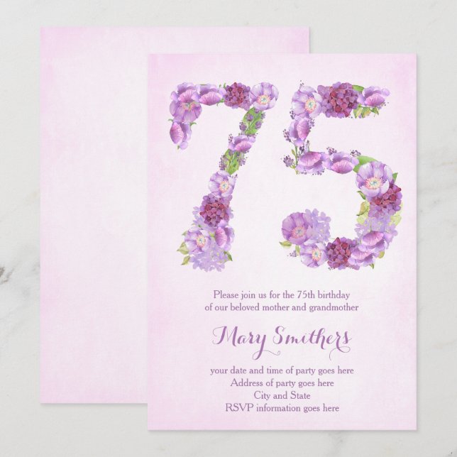 invitaciones de cumpleaños número 75 de dama, invi (Anverso / Reverso)