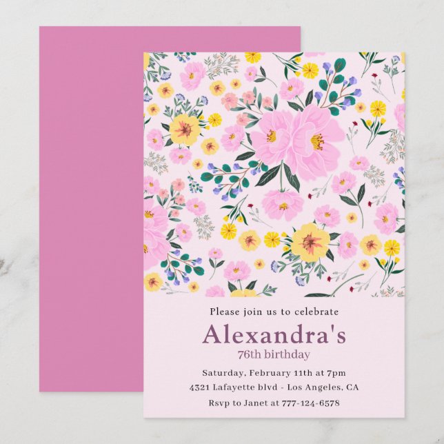 Invitaciones de cumpleaños número 76 Flores Retro  (Anverso / Reverso)