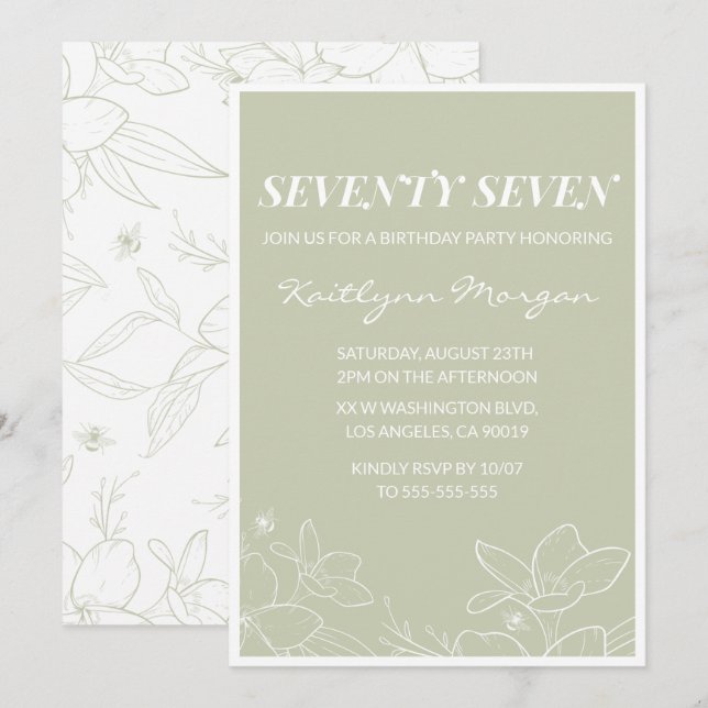Invitaciones de cumpleaños número 77 florales verd (Anverso / Reverso)