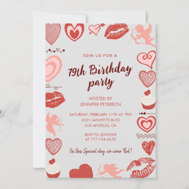 Invitaciones de cumpleaños número 79 con corazones (Anverso)