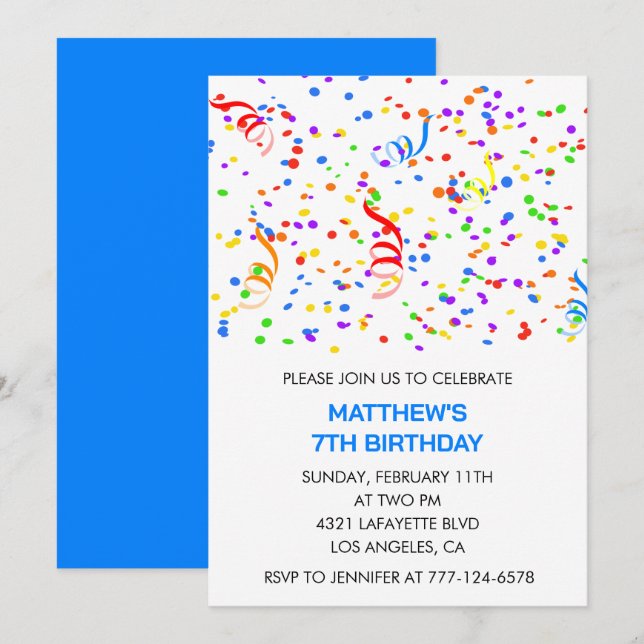 invitaciones de cumpleaños número 7 Confeti Arcoír (Anverso / Reverso)
