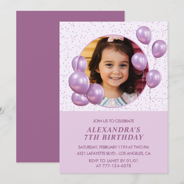 invitaciones de cumpleaños número 7 Globos Foto Pu (Anverso / Reverso)