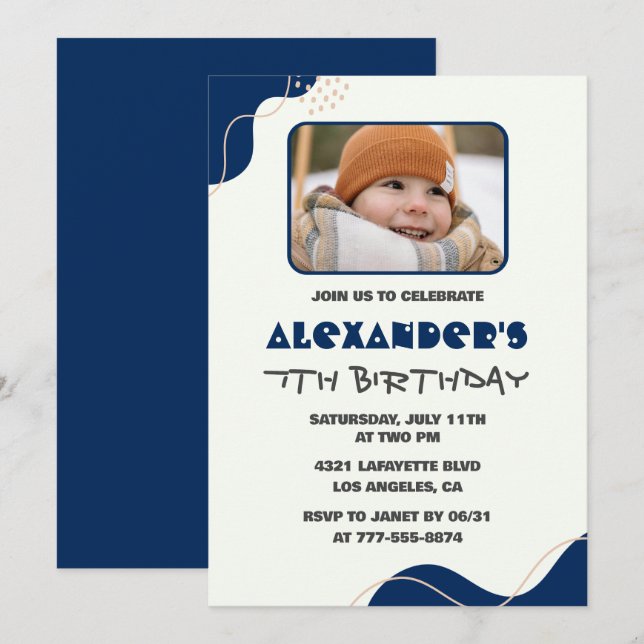 invitaciones de cumpleaños número 7 Niño Azul Mari (Anverso / Reverso)