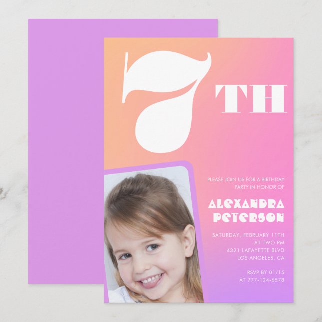 Invitaciones de cumpleaños número 7 rosadas con Fo (Anverso / Reverso)