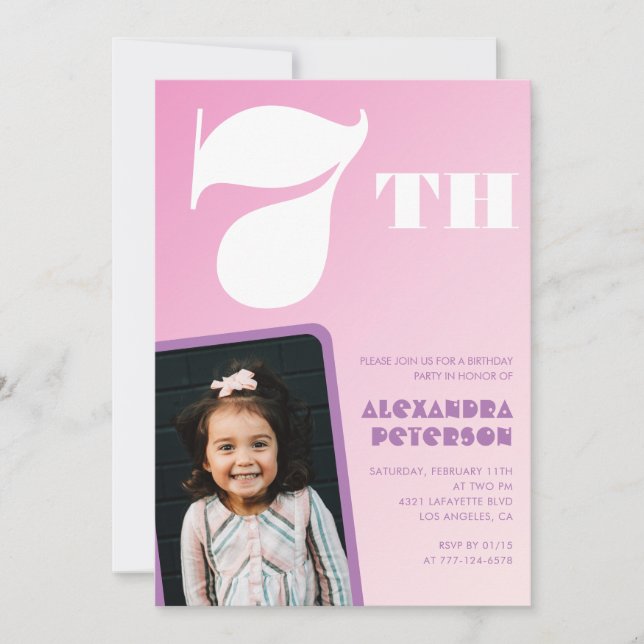 Invitaciones de cumpleaños número 7 rosadas para n (Anverso)