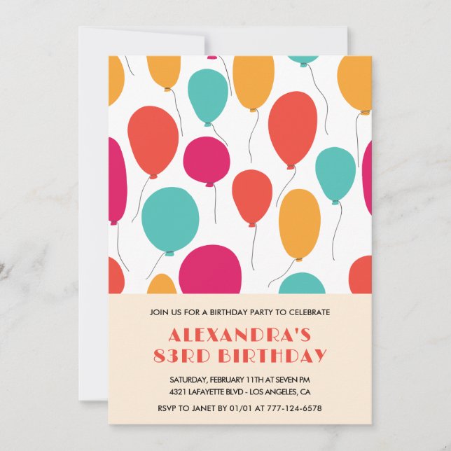 invitaciones de cumpleaños número 83 Globos Colori (Anverso)