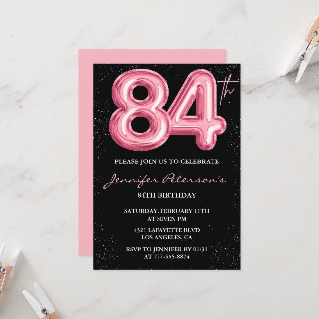 invitaciones de cumpleaños número 84 Black Pink Gl (Anverso/Reverso In Situ)