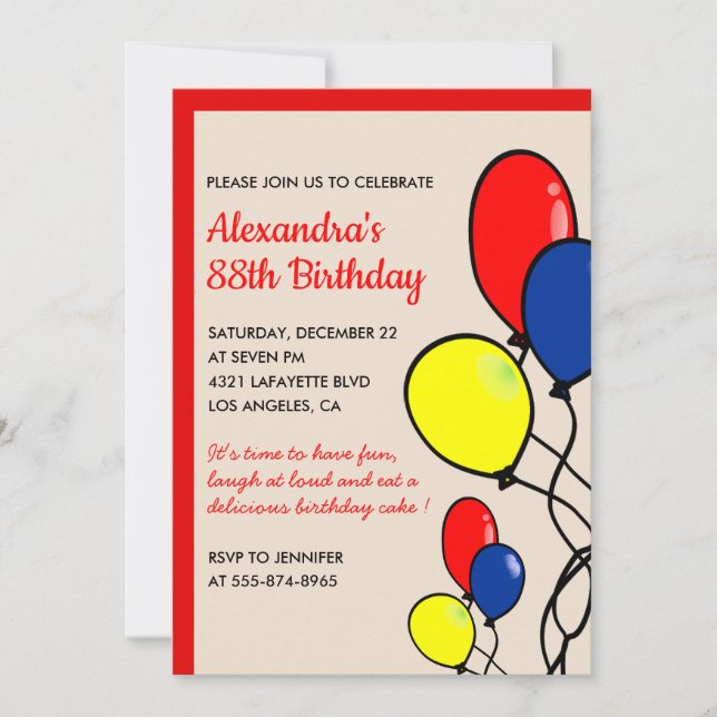 Invitaciones de cumpleaños número 88 globos rojos  (Anverso)