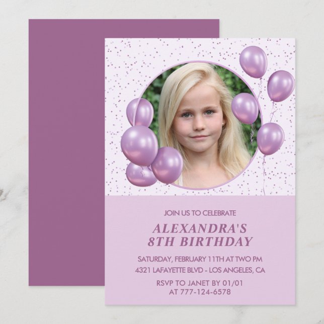 invitaciones de cumpleaños número 8 Globos Foto Pu (Anverso / Reverso)