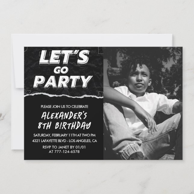Invitaciones de cumpleaños número 8 niño Negro Fot (Anverso)