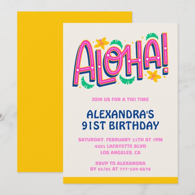 Invitaciones de cumpleaños número 91 Tropical Aloh (Anverso / Reverso)