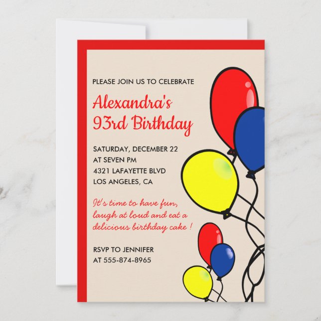 Invitaciones de cumpleaños número 93 Simple Red Ba (Anverso)