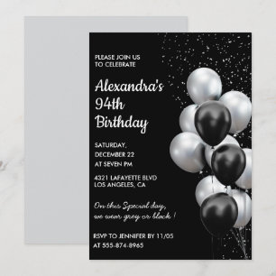 Invitaciones de cumpleaños número 94 negras Globos