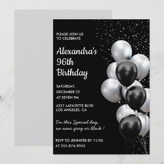 Invitaciones de cumpleaños número 96 negras Globos (Anverso / Reverso)
