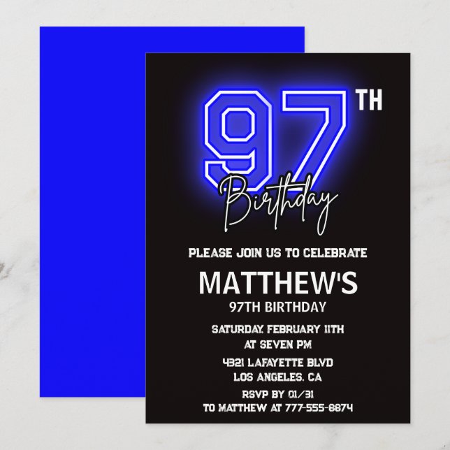 Invitaciones de cumpleaños número 97 Neon Negro Ho (Anverso / Reverso)