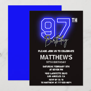 Invitaciones de cumpleaños número 97 Neon Negro Ho