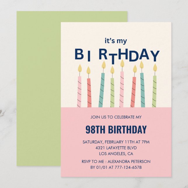 Invitaciones de cumpleaños número 98 Velita Divert (Anverso / Reverso)