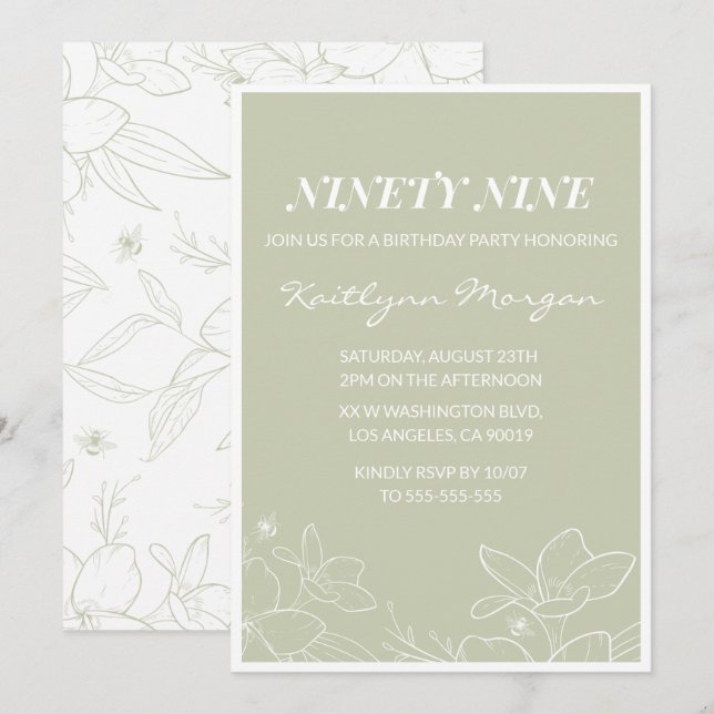 Invitaciones de cumpleaños número 99 florales verd (Anverso / Reverso)