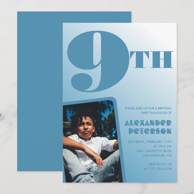 Invitaciones de cumpleaños número 9 con gradiente  (Anverso / Reverso)