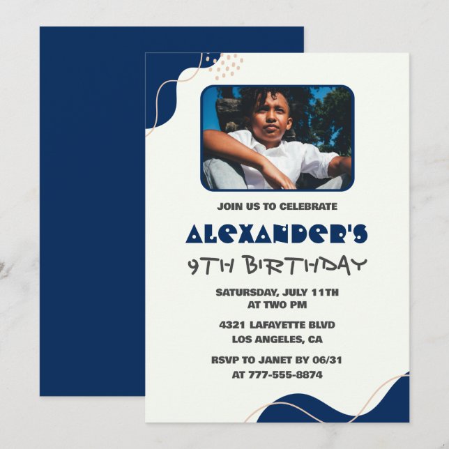 invitaciones de cumpleaños número 9 Niño Azul Mari (Anverso / Reverso)