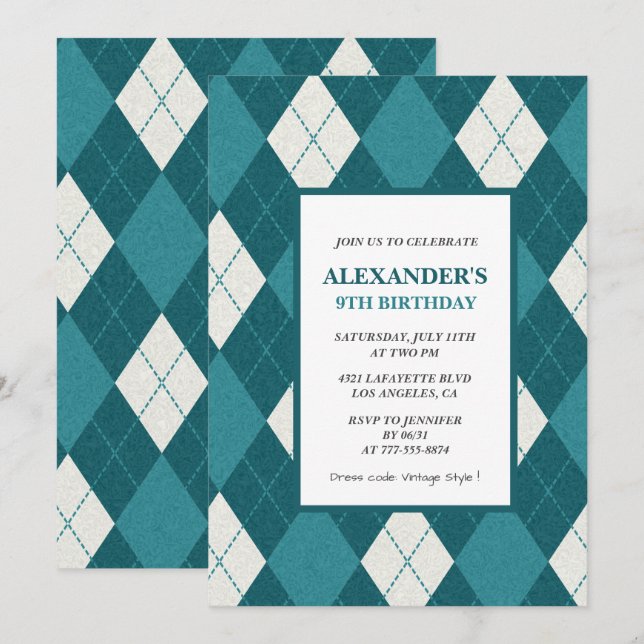 invitaciones de cumpleaños número 9 Niño Azul Vint (Anverso / Reverso)