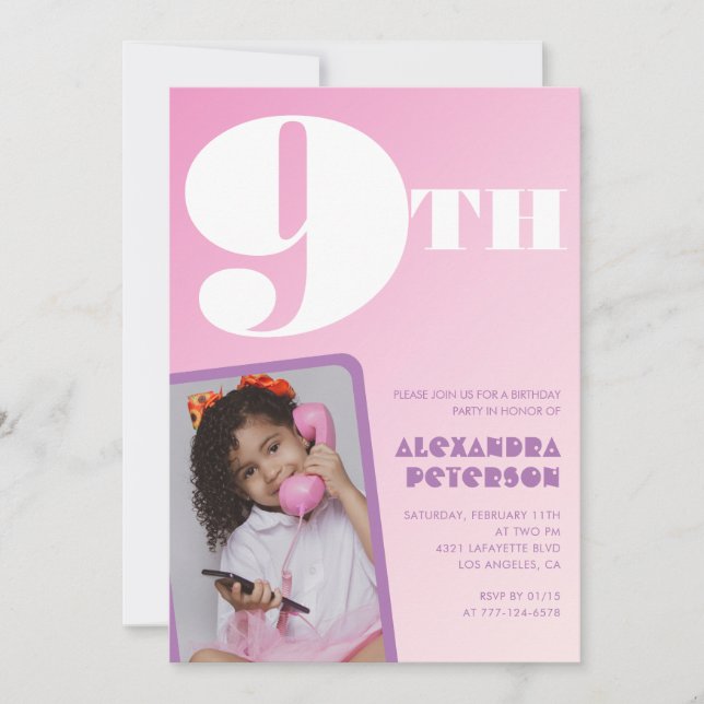 Invitaciones de cumpleaños número 9 rosadas para n (Anverso)