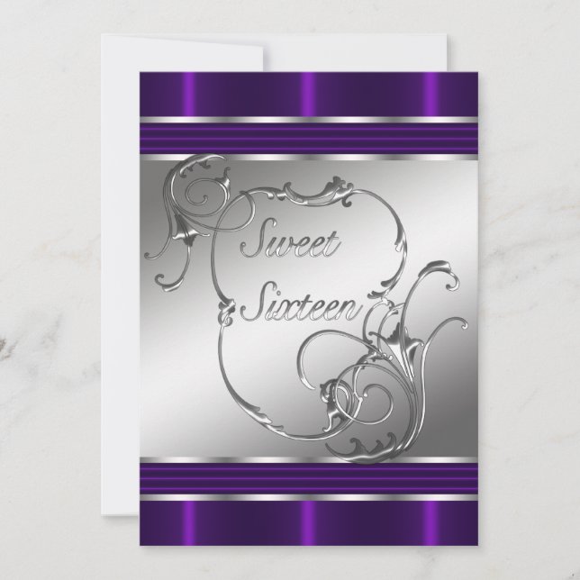 Invitaciones de cumpleaños número dieciséis morada (Anverso)