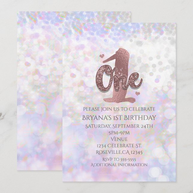 Invitaciones de cumpleaños número uno con brillo i (Anverso / Reverso)