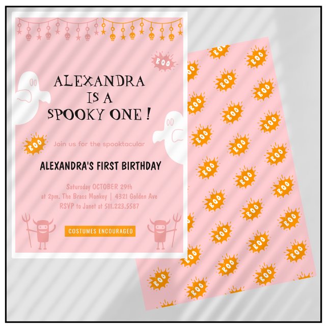 Invitaciones de cumpleaños número uno de Halloween (Halloween-1st-birthday-invitations-Spooktacular-pink-1)