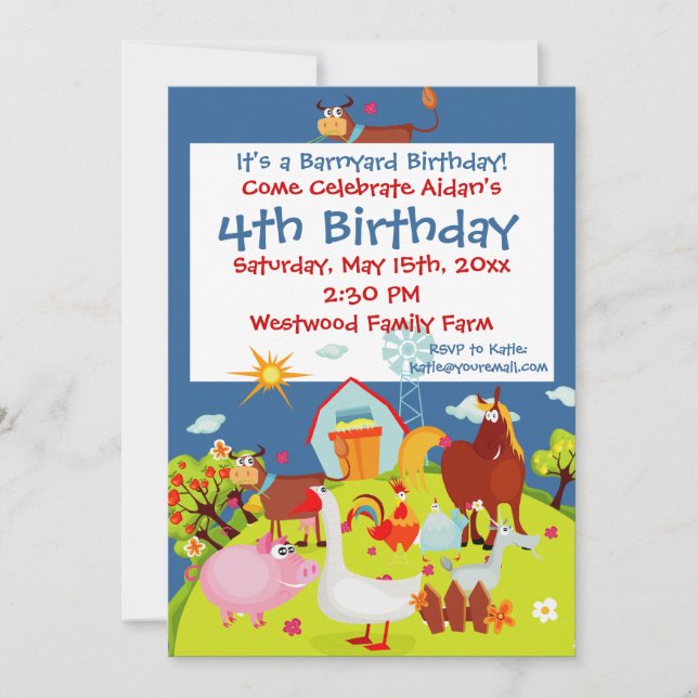 Invitaciones de cumpleaños para animales de granja (Anverso)