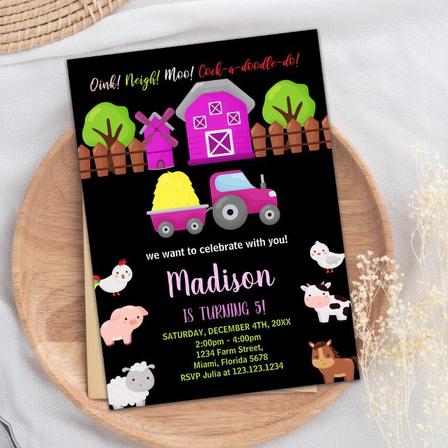 Invitaciones de cumpleaños para animales de granja (Pink Black Green Farm Animals Birthday Invitations)
