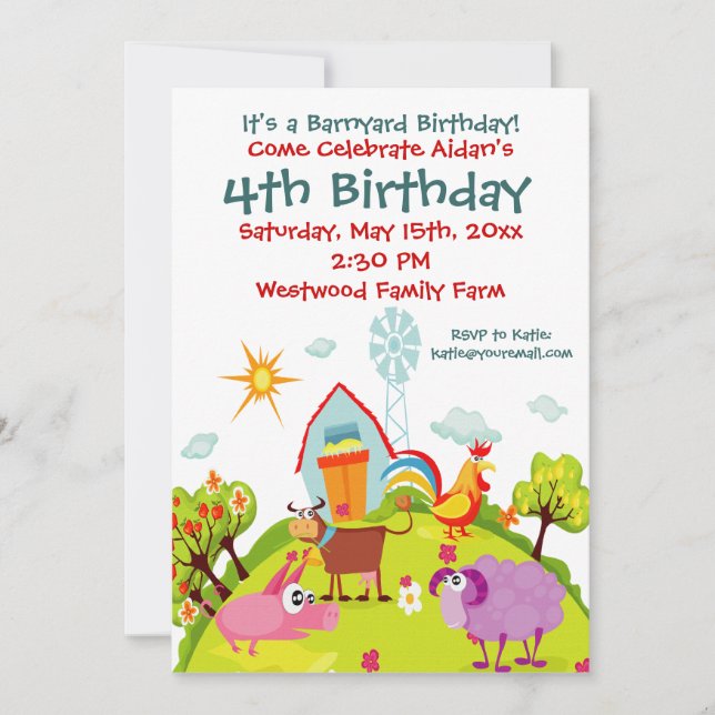 Invitaciones de cumpleaños para animales de granja (Anverso)