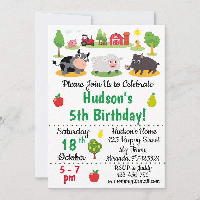 Invitaciones de cumpleaños para animales de granja (Anverso)
