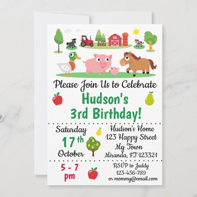 Invitaciones de cumpleaños para animales de granja (Anverso)