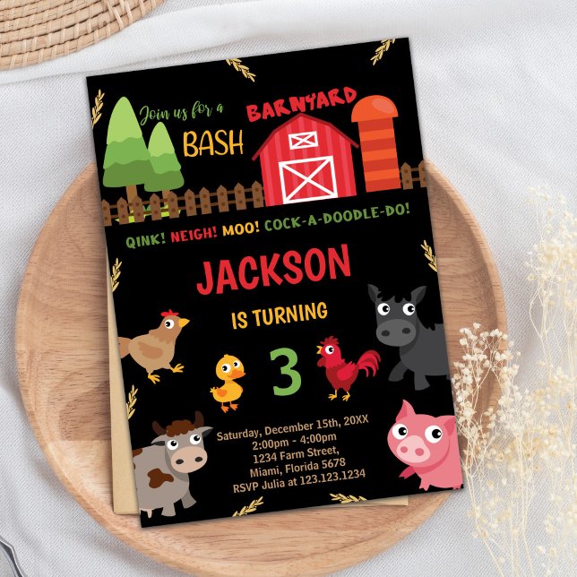 Invitaciones de cumpleaños para animales de la gra (Black Red Farm Animals Birthday Invitations)