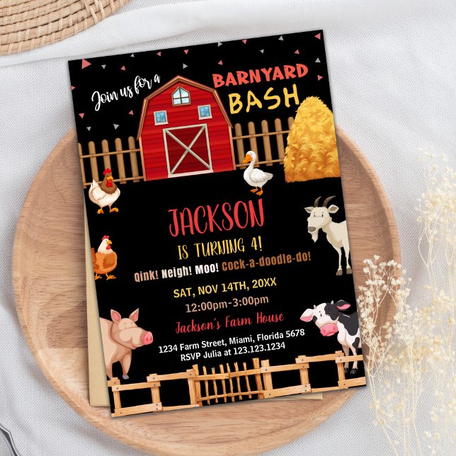 Invitaciones de cumpleaños para animales de la gra (Black Red Farm Animals Birthday Invitations)