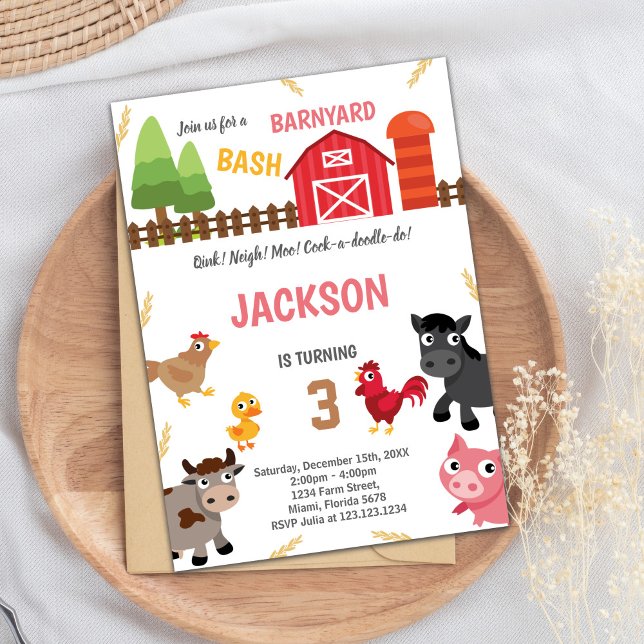 Invitaciones de cumpleaños para animales de la gra (Red Farm Animals Birthday Invitations)