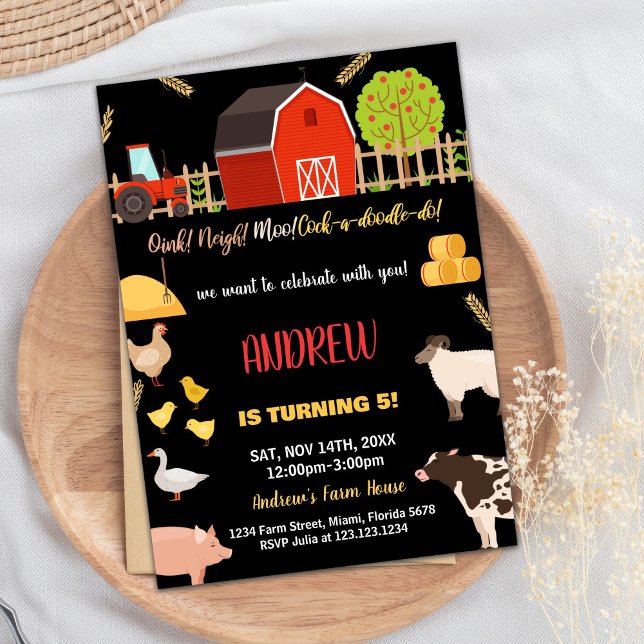 Invitaciones de cumpleaños para animales de la gra (Black Red Green Farm Animals Birthday Invitations)