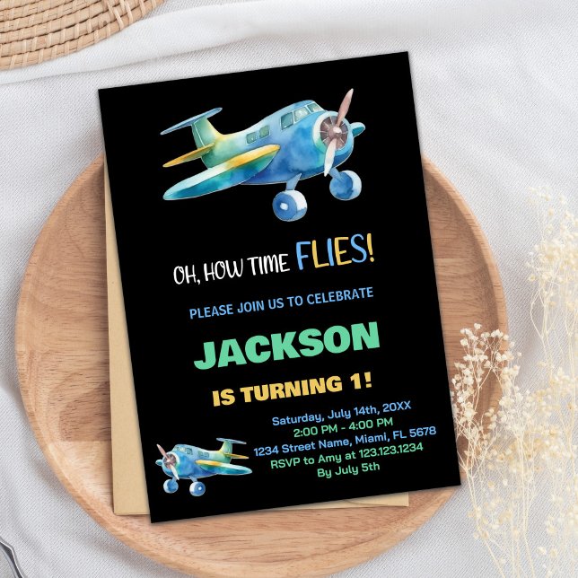 Invitaciones de cumpleaños para avión Black Blue G (Black Blue Green Airplane Birthday Invitations)