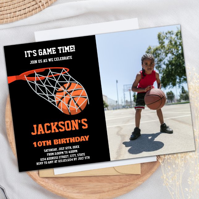 Invitaciones de cumpleaños para Ball Basket Photo  (Ball Basket Photo Basketball Birthday Invitations)