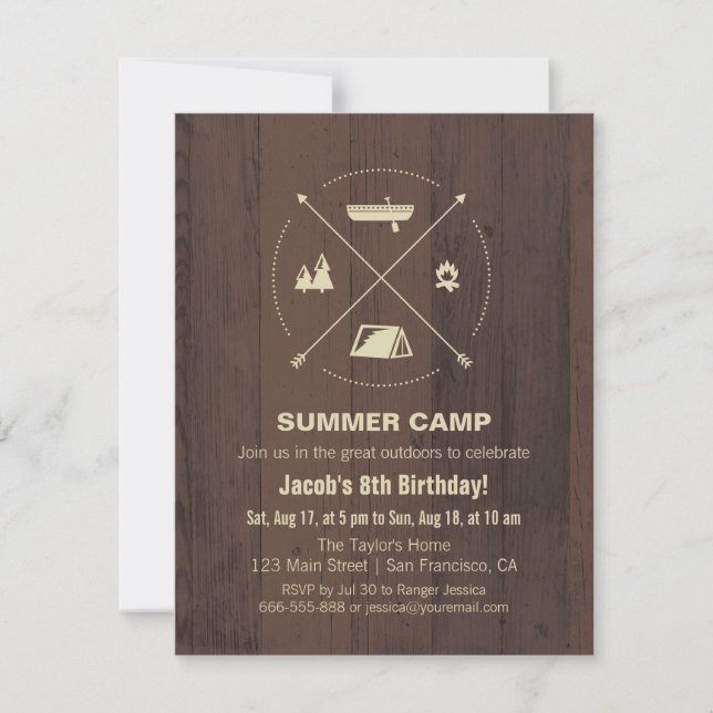 Invitaciones de cumpleaños para campamento de vera (Anverso)