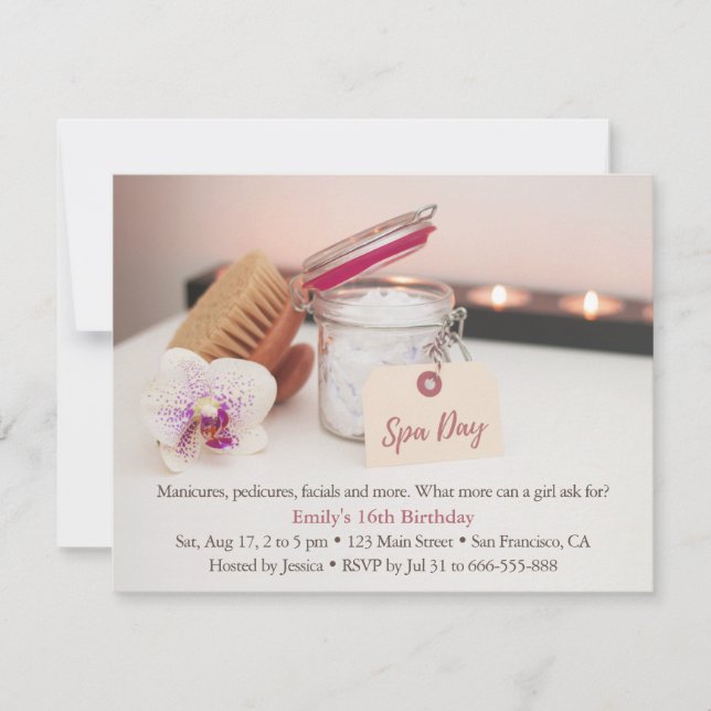 Invitaciones de cumpleaños para chicas en Spa Rela (Anverso)