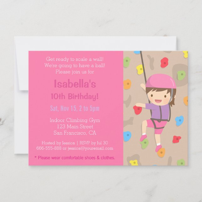 Invitaciones de cumpleaños para chicas escaladoras (Anverso)