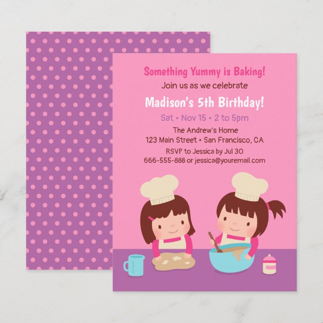Invitaciones de Cumpleaños para Chicas que Cocinan (Anverso / Reverso)