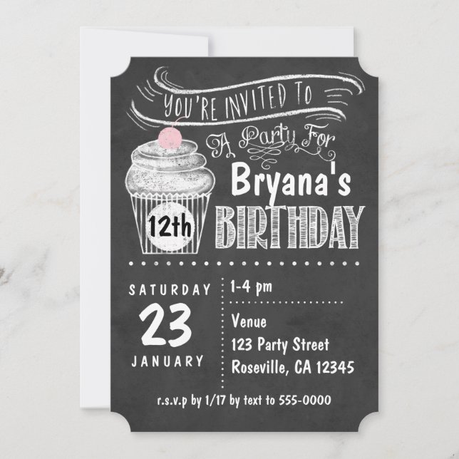 Invitaciones de cumpleaños para cupcakes de pizarr (Anverso)